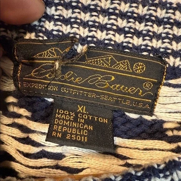 Men's 80's Eddie Bauer 100% Cotton Knit Blue Cream Birds Eye Crewneck Sweater XL - Picture 3 of 7